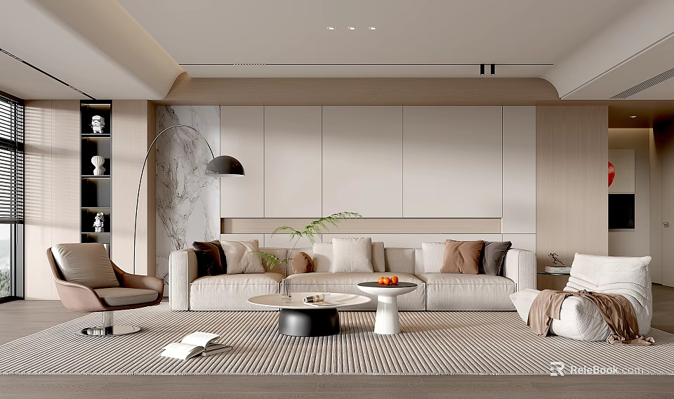 Modern Living Room Interior Design With Neutral Sofa Coffee Tables And Decorative Floor Lamp 3d model 