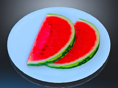 Two Fresh Juicy Red Watermelon Slices on a White Plate Ready to Eat 3d model