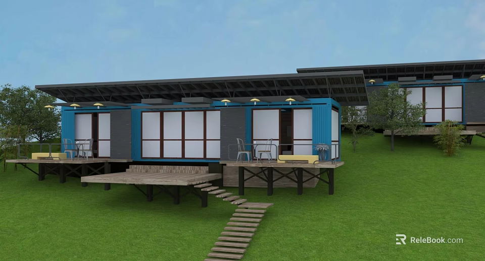 Container Guest House With Blue Exterior Large Glass Windows Wooden Deck And Lawn Area 3d model 