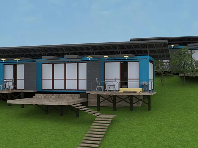 Container Guest House With Blue Exterior Large Glass Windows Wooden Deck And Lawn Area 3d model
