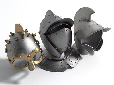 Medieval Metal Helmets With Spiked Design And Face Mask Armor 3d model