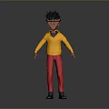 3D Cartoon Character With Spiky Black Hair Glasses Yellow Shirt Red Pants Blue Shoes