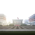 Modern Office Buildings with Central Hall and Red Flag Front Plaza Greenery and People Walking