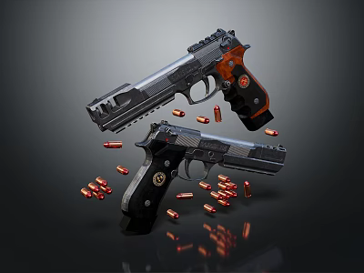 Two Detailed Tactical Handguns With Orange Accents And Scattered Bullets On Dark Surface 3d model