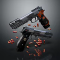 Two Detailed Tactical Handguns With Orange Accents And Scattered Bullets On Dark Surface