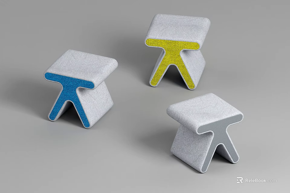 Modern Stools With Blue Yellow And Gray Upholstered Seats And Unique Leg Design 3d model 