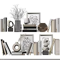 Stylish Decorative Ornament Set With Books Vases Framed Art Dried Flowers And Circular Ornaments