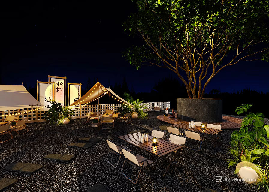 Outdoor Patio Night View With Wooden Tables Chairs Green Trees And String Lights 3d model 