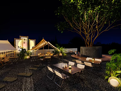 Outdoor Patio Night View With Wooden Tables Chairs Green Trees And String Lights 3d model