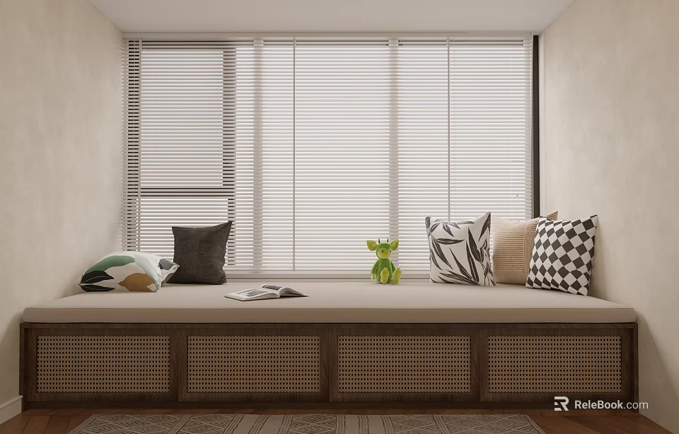 Cozy Window Seat With Pillows Green Ornament Open Book Lattice Drawer Cabinet And Blinds 3d model 