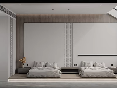 Serene Modern Bedroom Interior With Double Beds Wooden Accent Wall And Minimalist Decor 3d model