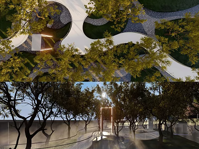 Modern Garden Landscape With Winding Paths Green Trees And Lighting Installations 3d model