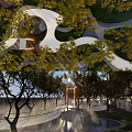 Modern Garden Landscape With Winding Paths Green Trees And Lighting Installations