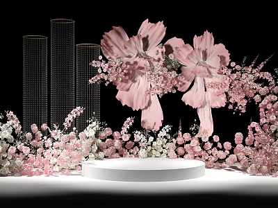 Romantic Pink Floral Decor Scene With Large Blossoms White Circular Platform And Black Pillars 3d model