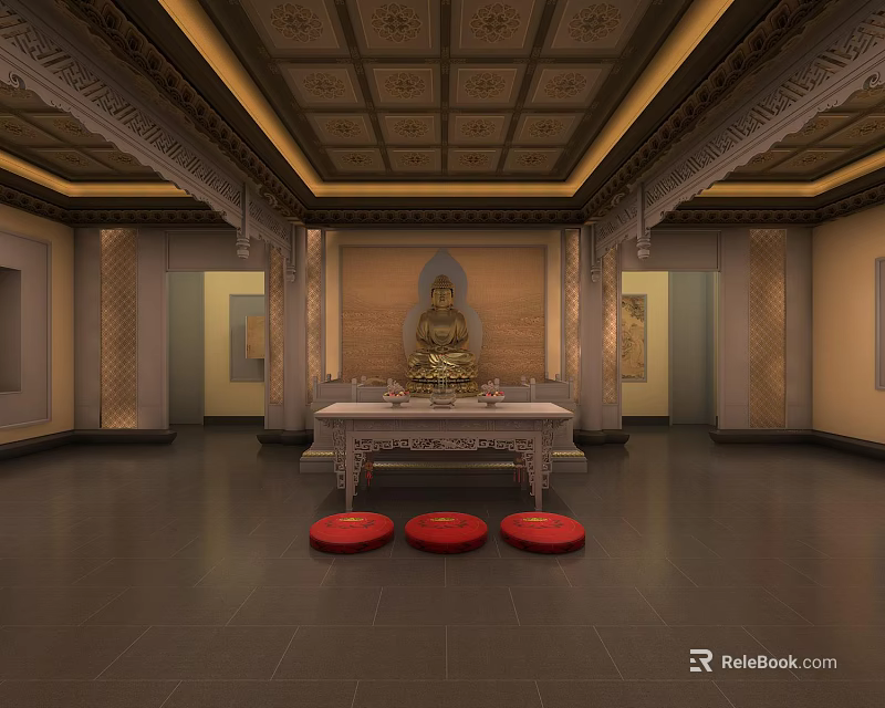 Buddhist Religious Worship Space With Golden Buddha Statue Altar Table And Red Cushions 3d model 