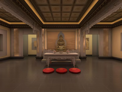 Buddhist Religious Worship Space With Golden Buddha Statue Altar Table And Red Cushions 3d model