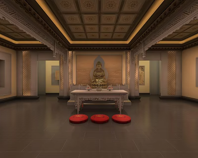 Buddhist Religious Worship Space With Golden Buddha Statue Altar Table And Red Cushions 3d model