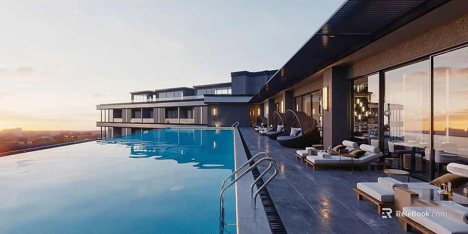 Luxury Resort Outdoor Area With Swimming Pool Loungers Hammock Chairs Sunset View And Modern Building 3d model 