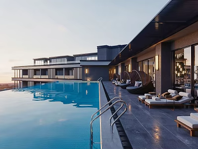 Luxury Resort Outdoor Area With Swimming Pool Loungers Hammock Chairs Sunset View And Modern Building 3d model