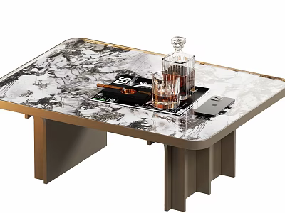 Modern Marble Top Coffee Table With Gold Legs And Whiskey Decanter Glasses On Tray 3d model