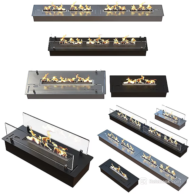 Various Modern Fireplace Designs With Glass Panel And Realistic Flame Effect For Interior Decor 3d model