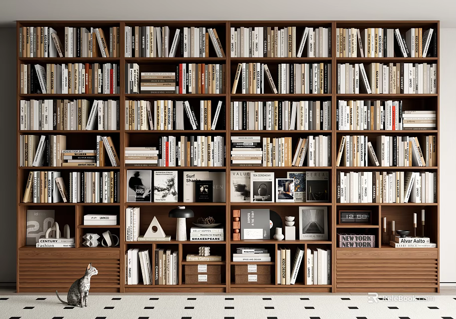 Large Wooden Bookshelf Filled With Books Decorative Items Photo Frames And Cat Sitting In Front 3d model 