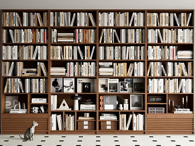 Large Wooden Bookshelf Filled With Books Decorative Items Photo Frames And Cat Sitting In Front 3d model