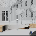 Modern Outdoor Chair With Curved Metal Frame And Wooden Panels Near Trees And Street Lamps