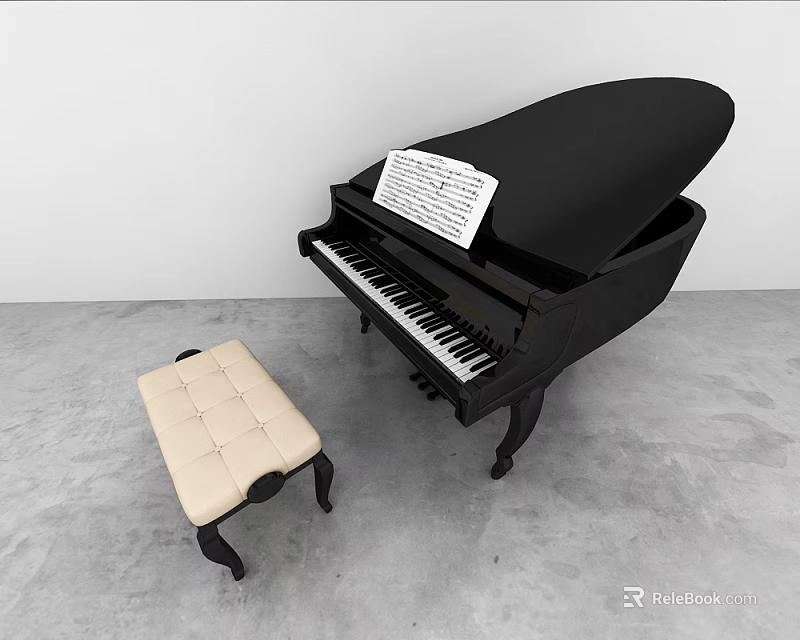 Black Grand Piano With Beige Bench And Sheet Music On Top In Minimalist Space 3d model 