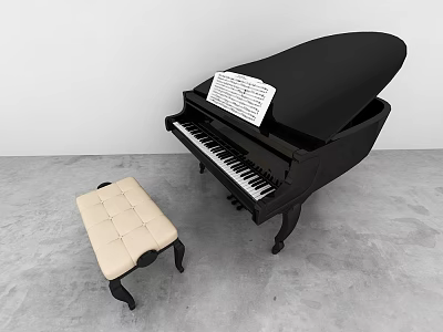 Black Grand Piano With Beige Bench And Sheet Music On Top In Minimalist Space 3d model