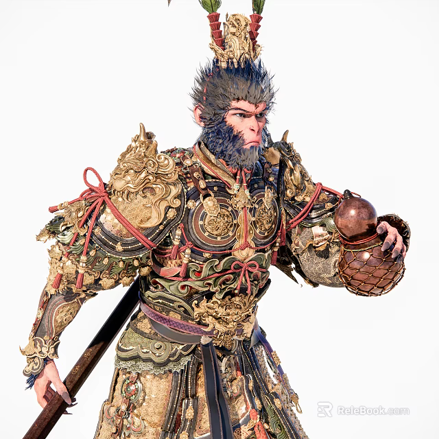 Game Movie Character Warrior Monkey In Ornate Golden Armor With Red Ribbons And Weapon 3d model 
