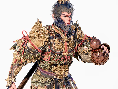 Game Movie Character Warrior Monkey In Ornate Golden Armor With Red Ribbons And Weapon 3d model