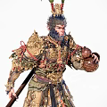 Game Movie Character Warrior Monkey In Ornate Golden Armor With Red Ribbons And Weapon