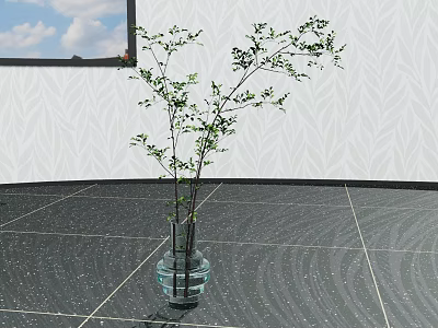 Glass Vase With Green Branches On Dark Tiled Floor By Window With Blue Sky 3d model