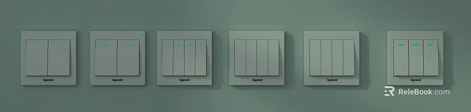 White Legrand Switches with Multiple Buttons and Green Indicator Lights on Wall 3d model 