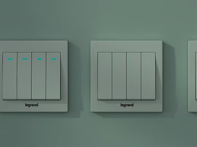White Legrand Switches with Multiple Buttons and Green Indicator Lights on Wall 3d model