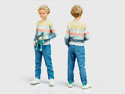 Man in Striped Sweater Jeans and White Shoes Front Back Views Holding Green Stuffed Toy 3d model
