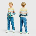 Man in Striped Sweater Jeans and White Shoes Front Back Views Holding Green Stuffed Toy