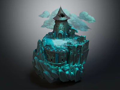 Ancient Floating Architecture With Tower On Rocky Base And Surrounding Clouds 3d model