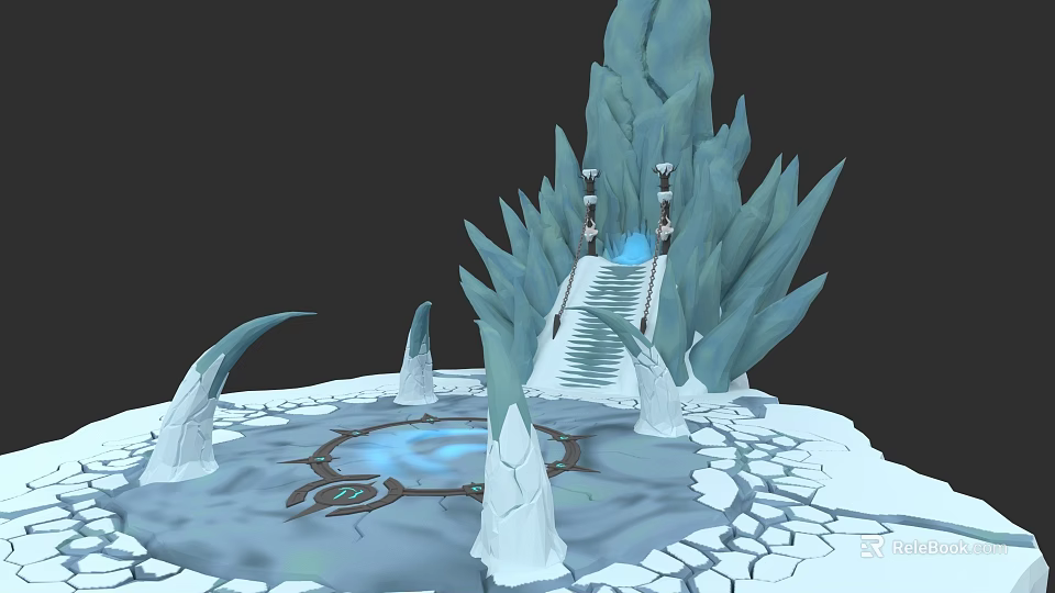 Icy Landscape Featuring Crystal Tower Staircase Ice Spikes And Blue Glowing Circle 3d model 