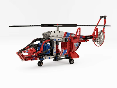 Red Lego Helicopter Model With Blue White Stripes Black Rotor And Wheels 3d model