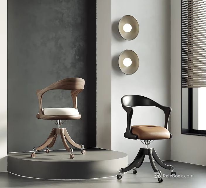 Modern Office Chairs With Wooden And Black Frames White Brown Seats Wall Lamps Window 3d model 