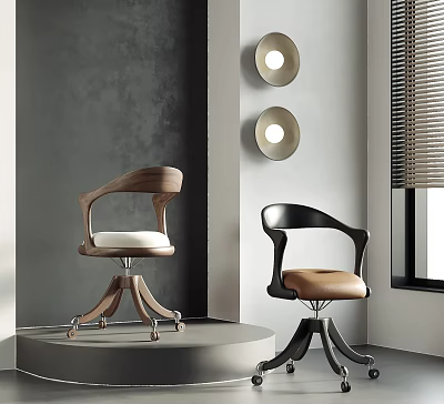 Modern Office Chairs With Wooden And Black Frames White Brown Seats Wall Lamps Window 3d model