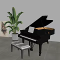 Elegant Black Grand Piano With Music Sheet And Side Painting Near Green Plant Stool