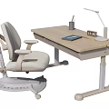 Light Beige Height Adjustable Desk With Rolling Chair Lamp Notebook And Clock 3d model