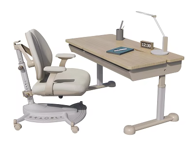 Light Beige Height Adjustable Desk With Rolling Chair Lamp Notebook And Clock 3d model