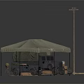 Modern Military Tent Shelter With Cargo Trucks And Wooden Crates