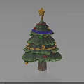 Christmas Tree with Yellow Star on Top Colorful Baubles Garlands and Green Foliage