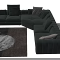 Dark Gray Velvet Corner Sofa with Patterned Pillows and Round Marble Coffee Table on Rug 3d model