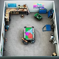 Well Organized Garage With Workbench Tools Green Trash Bin And Blue Cabinets